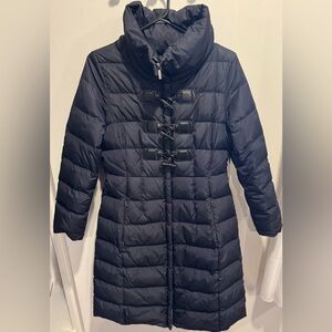 Max Mara Weekend Navy Long Puffer Coat winter warm cinched toggle Italy hood US6